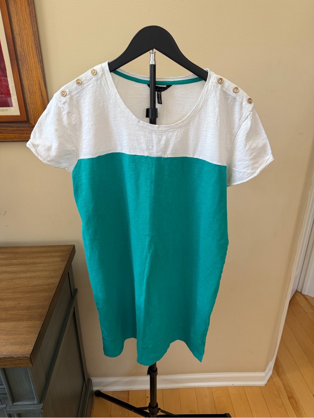 Nicole Miller Womens XL Teal White Colorblock T Shirt Dress Jersey Knit